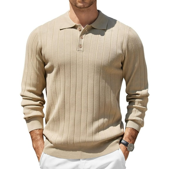 Domuza Sweaters for Men Long Sleeve Trendy Casual Lapel Knit Golf Sweaters Fall Winter Stretch Button Up Business Ribbed Dress Pullover Khaki XL