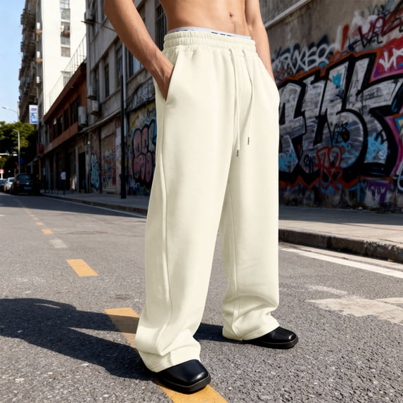 Domuza Sweatpants for Men Elastic Waist Wide Leg Sweatpants Classic Baggy Big and Tall Workout Pants with Pockets Khaki M