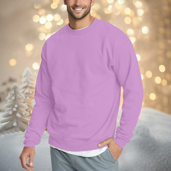 Domuza Sweatshirts for Men Casual Long Sleeves Crewneck Solid Pullover Sweatshirt Stylish Basic Warm Soft Cotton Blend Loose Fit Blouse Light Purple L