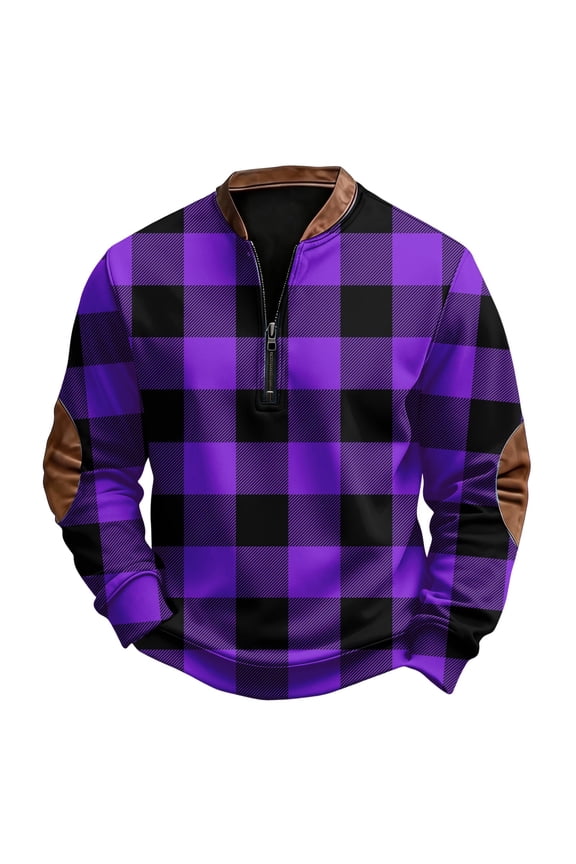 Sweatshirts Men Retro Plaid Quarter Zip Stand Collar Sweater Spring Fall Casual Long Sleeve Relaxed Fit Comfy Pullover Purple 2XL