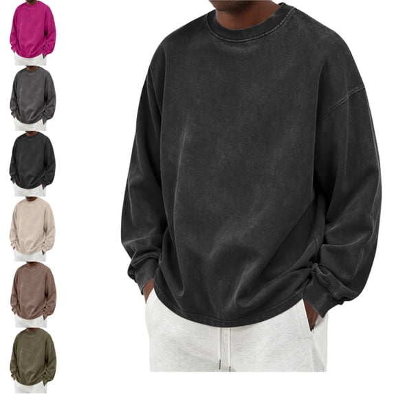 Domuza Sweatshirts for Men Vintage Acid Wash Cotton Crewneck Sweatshirt Long Sleeve Ribbed Collar Cuffs Sweatshirt Drop Shoulder Y2K Streetwear Top