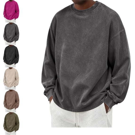 Domuza Sweatshirts for Men Vintage Acid Wash Cotton Crewneck Sweatshirt Long Sleeve Ribbed Collar Cuffs Sweatshirt Drop Shoulder Y2K Streetwear Top