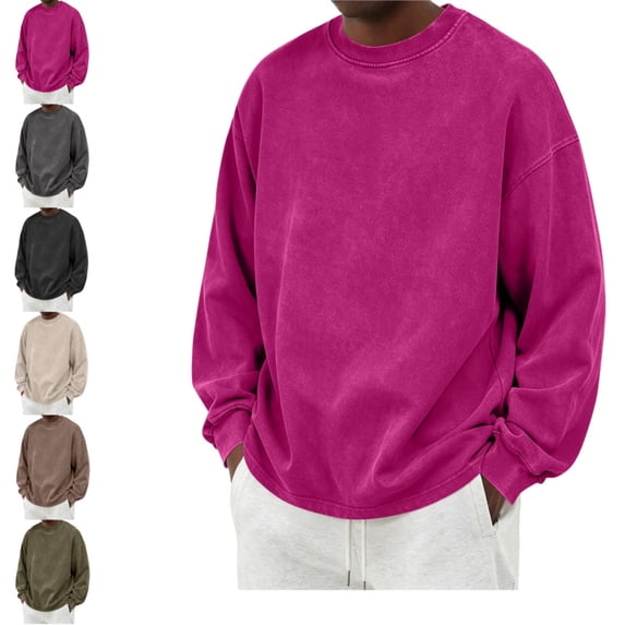 Domuza Sweatshirts for Men Vintage Acid Wash Cotton Crewneck Sweatshirt Long Sleeve Ribbed Collar Cuffs Sweatshirt Drop Shoulder Y2K Streetwear Top