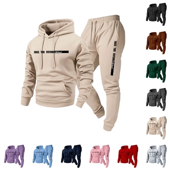 Domuza Sweatsuits for Men 2 Piece Fleece Long Sleeve Solid Drawstring Hoodies and Sweatpants Set Loose Fit Casual Sports Jogging Suit Hooded Set Khaki M