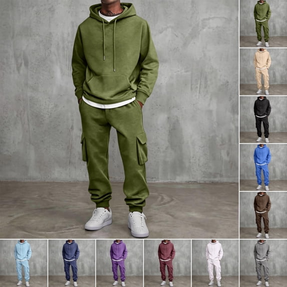 Domuza Sweatsuits for Men 2 Piece Set Cargo Sweatpants and Drawstring Hoodie Sets Work Out Casual Athletic Tracksuits Jogging Suit Army Green XL