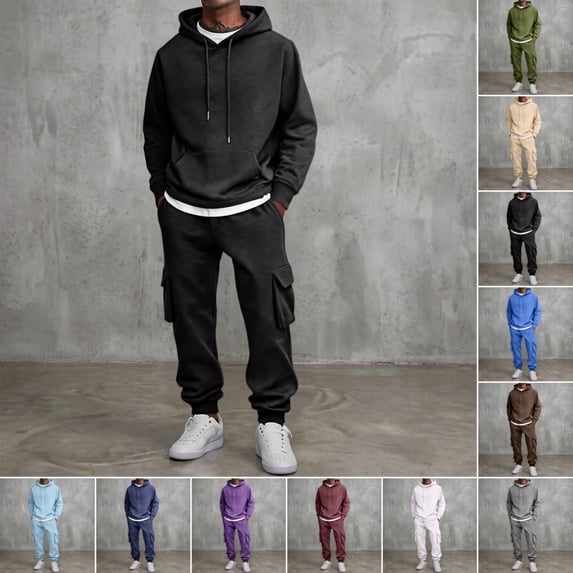 Domuza Sweatsuits for Men 2 Piece Set Cargo Sweatpants and Drawstring Hoodie Sets Work Out Casual Athletic Tracksuits Jogging Suit Black XL