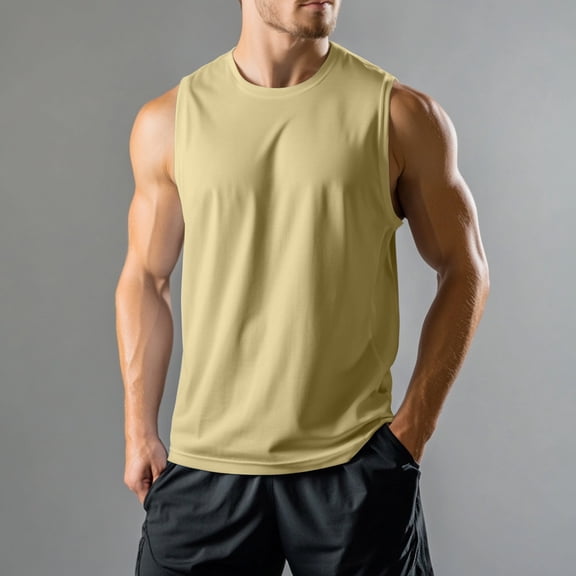 Domuza Tank Tops Men Athletic Bodybuilding Moisture Wicking Sleeveless T Shirt Summer Lightweight Casual Solid Crew Neck Beach Running Tees Yellow S
