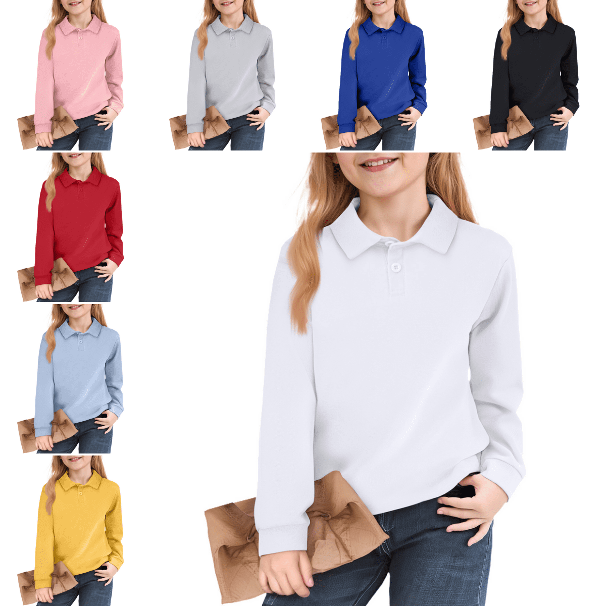 Teen Girls Long Sleeve Polo Shirts Back to School Button Laple Collar Fall Girls Tops Vacation Solid Outfits Casual Clothes White 6-7 Years