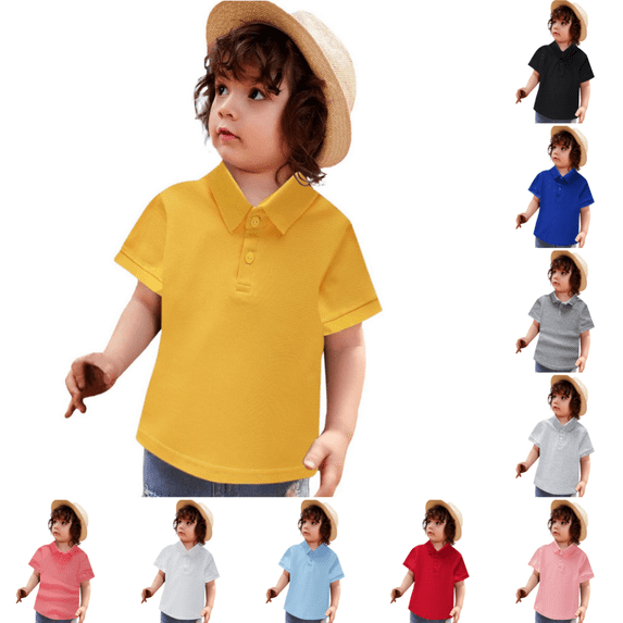 Domuza Toddler Kids Boy Performance Polo Shirt Back to School Solid Color Short Sleeve School Uniform Shirts Collared Button Closure Pullover Tops Yellow 9-10 Years