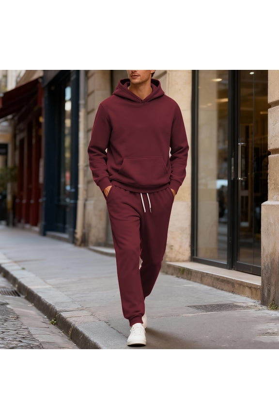 Track Suits for Men 2 Piece Set Workout Casual Solid Color Fleece Hoodies Pullover & Jogger Sweatpants Fall Winter Jogging Suit Hooded Set Wine XL