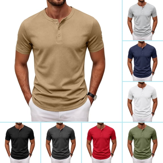 Domuza Tshirts Shirts for Men Summer Henley Gym T-Shirts 3 Button Solid Short Sleeve Work Tops
