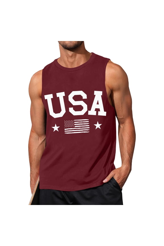 USA 4th of July Tank Top for Men Soft Workout Muscle Shirts Comfortable Bodybuilding Gym Sleeveless Shirt Wine XL