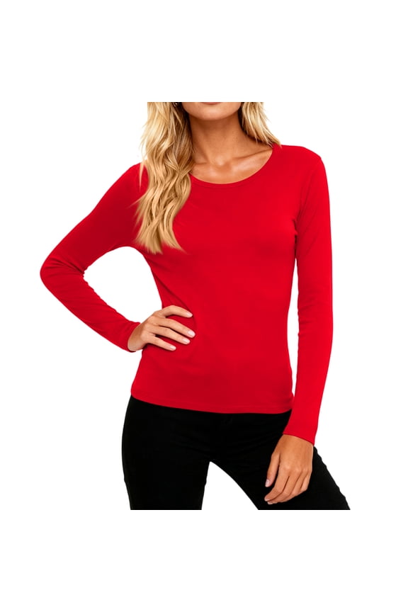 Under Scrub Tee for Women Long Sleeve Crew Neck Solid Color T-Shirts Fall Winter Thermal Comfort Soft Slim Fit Base Layer Pullover Red M