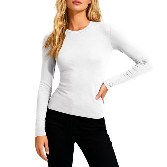 Domuza Under Scrub Top Women Long Sleeve Crew Neck Solid Color Tshirts Fall Winter Thermal Soft Comfort Slim Fit Base Layer Blouse White S