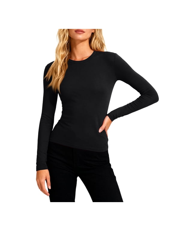 Under Scrub Tops Women Crew Neck Long Sleeve Solid Color Tshirts Fall Winter Warm Comfort Soft Regular Fit Base Layer Pullover Black L