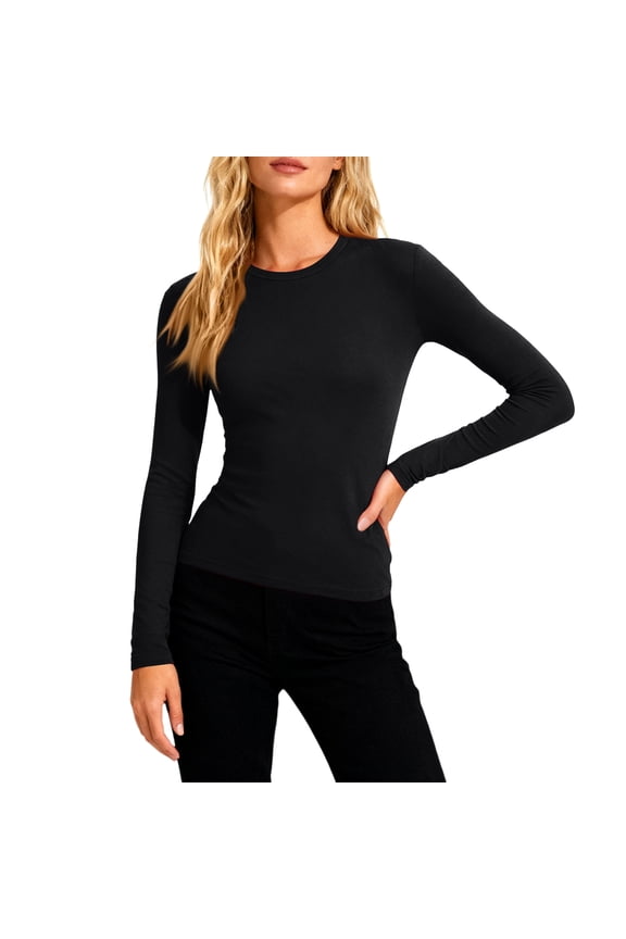 Under Scrubs for Women Top Crew Neck Long Sleeve Solid Color Tshirts Fall Winter Warm Soft Comfort Regular Fit Base Layer Blouse Black S