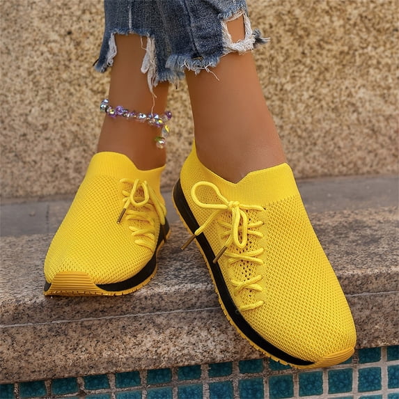 Domuza Unisex Breathable Hollow Fly Knit Sneakers, Sock Slip On Lace Up Lightweight Flexible Casual Walking Shoes with Two-Tone Non-Slip Outsole Yellow 7(EU-38)
