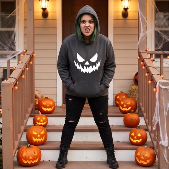 Domuza Unisex Halloween Pullover Hoodie, Scary Pumpkin Face Graphic Sweatshirt, Vintage Long Sleeve Top, Drawstring Hood with Kangaroo Pocket, Casual Fall Streetwear