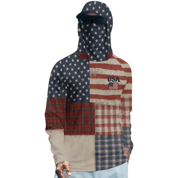 Domuza Upf 50+ Fishing Shirts Men's Usa Flag Print Long Sleeve Protection Sun Hoodie 2026 Summer Outdoor Hiking Running Rash Guard Top Coffee M