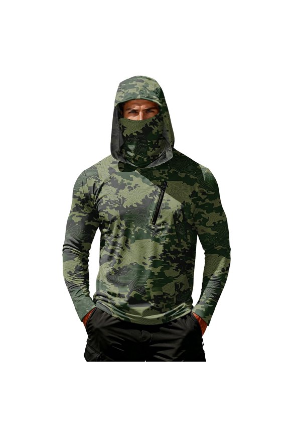 Upf 50 Long Sleeve Hoodies for Men Fishing Shirts Camo Hooded Shirt with Mask Uv Casual Summer Rash Guard Sun Protection Shirt Green M