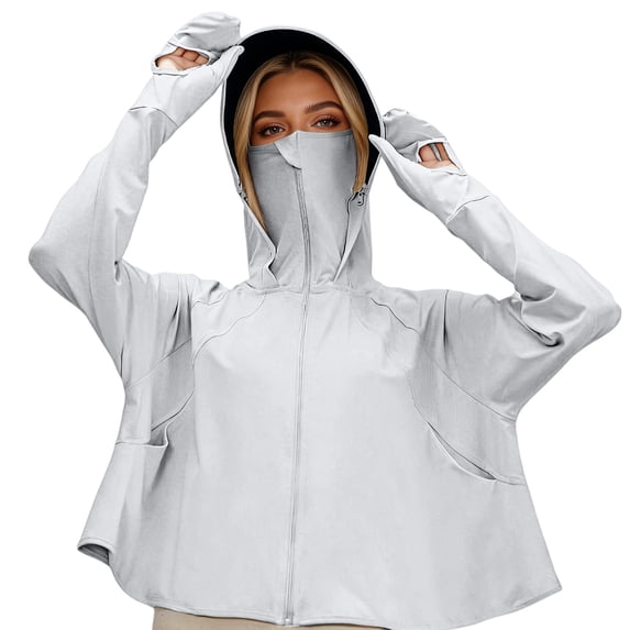 Domuza Upf 50+ Sun Hoodie Shirts for Women with Brim and Mask Long Sleeve Solid T Shirts 2026 New Trendy Uv Protection Ice Silk Sunscreen Blouses White One Size