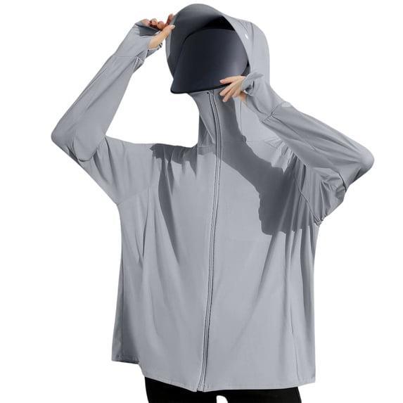 Domuza Upf 50+ Sun Hoodie Shirts Women with Brim and Mask Long Sleeve Solid T Shirts Summer Fashion Uv Protection Ice Silk Sunscreen Blouses Gray One Size