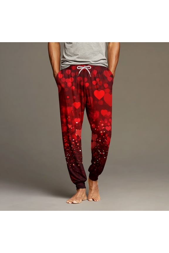 Valentines Day Men's Pajamas Heart Print Elastic Waist Drawstring Jogger Pjs Trousers Loose Fit Lightweight Lounge Sleep Pants Deep Red XL