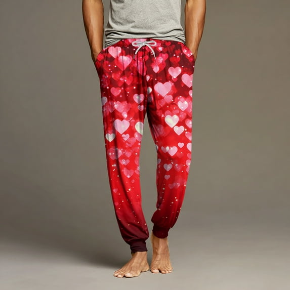 Domuza Valentines Day Pajamas for Men Heart Print Drawstring Stretch Waist Jogger Pjs Trousers Lightweight Loose Fit Lounge Sleep Pants Vermilion 3XL