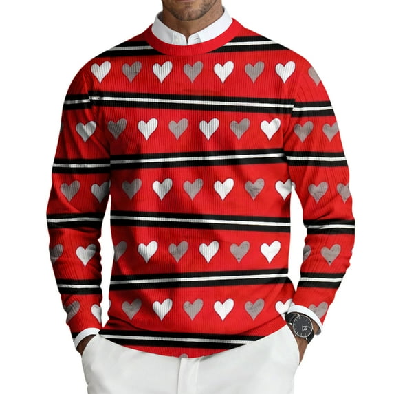 Domuza Valentines Sweater Men Cute Hearts Round Neck Long Sleeve Sweater Spring Fall Relaxed Fit Casual Ribbed Knit Pullover Pink M