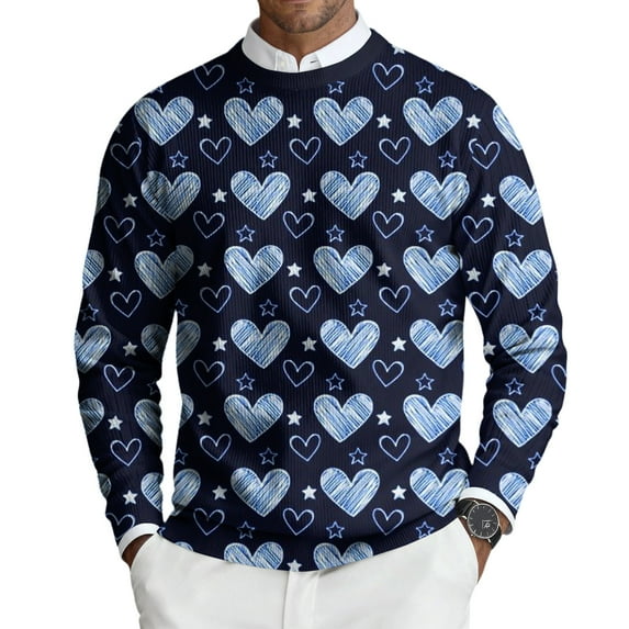 Domuza Valentines Sweater for Men Heart Print Long Sleeve Round Neck Sweatshirt Spring Fall Relaxed Fit Casual Ribbed Knit Pullover Watermelon Red 2XL