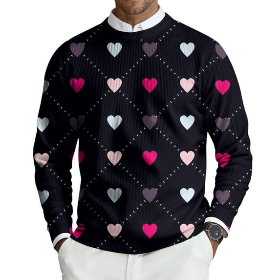Domuza Valentines Sweater for Men Cute Hearts Round Neck Long Sleeve Sweater Spring Fall Loose Fit Casual Ribbed Knit Pullover Vermilion XL