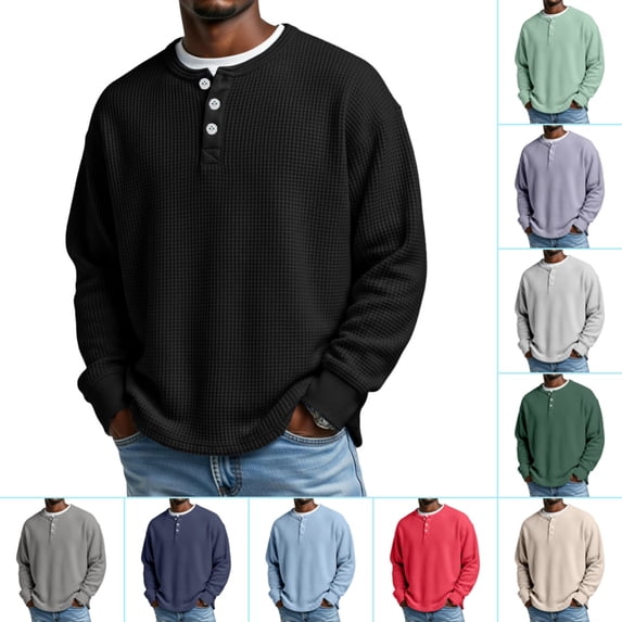 Domuza Waffle Henley Shirts for Men Button Down Long Sleeve Knitted Textured T Shirt Spring Fall 2026 Trendy Relaxed Fit Comfy Blouse