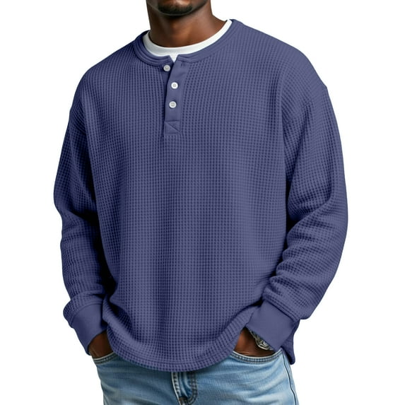 Domuza Waffle Henley Shirts for Men Button Down Long Sleeve Knitted Textured T-Shirts Spring Fall 2026 Trendy Loose Fit Comfy Basic Tops Navy XL