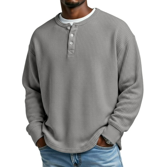 Domuza Waffle Henley Shirts for Men Long Sleeve Button Down Knitted Textured T Shirts Spring Fall 2026 Stylish Relaxed Fit Comfy Basic Tops Gray S