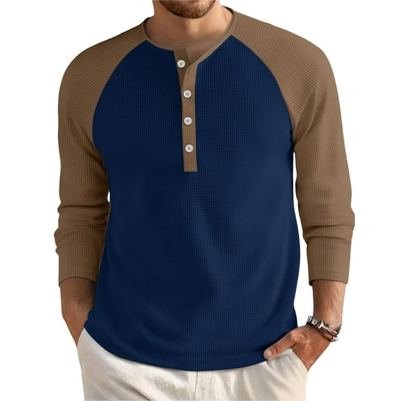 Domuza Waffle Henley Shirts for Men Long Sleeve Fashion Casual Button Down T-Shirt Fall Lightweight Loose Fit Raglan Color Block Tops Royal Blue XL