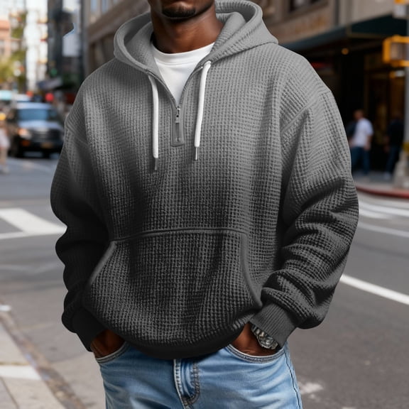 Domuza Waffle Knit Pullover Hoodies for Men Quarter Zip Long Sleeve Gradient Hooded Sweatshirt Fashion Relaxed Fit Athletic Pullover Top Light Gray L