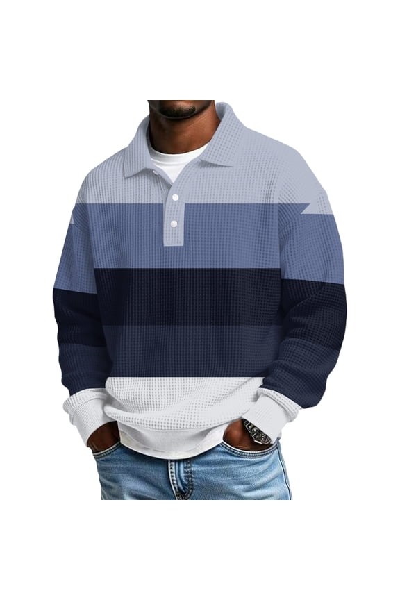 Waffle Polo Shirts Men Long Sleeve Casual Button Up Lapel Shirt Spring Summer Relaxed Fit Lightweight Color Block Pullover Sky Blue XL