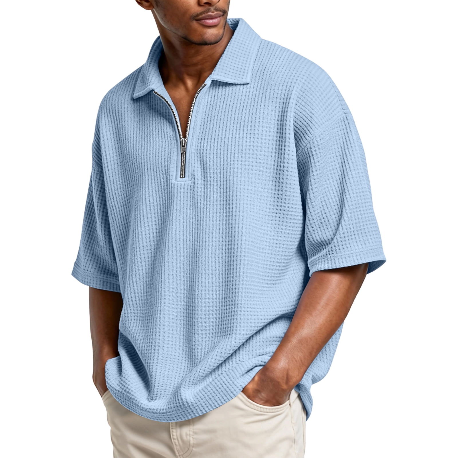 Domuza Mens Waffle Polo Shirts Short Sleeve 1/4 Zip Up Lapel T