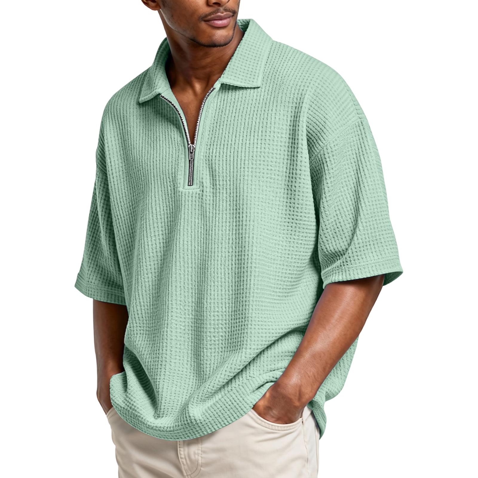 Domuza Mens Waffle Polo Shirts Short Sleeve 1/4 Zip Up Lapel T
