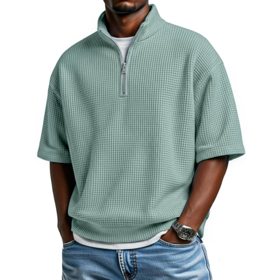 Domuza Waffle Shirts Men Quarter Zip Pullover Casual Short Sleeve Stand Collar Tee Shirts 2026 Summer Trendy Comfort Slim Fit Top Mint Green M