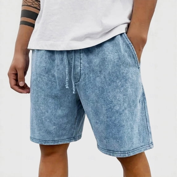 Domuza Washed Vintage Shorts Men Casual Relaxed Fit Drawstring Waist Beach Shorts Streetwear Style with Pockets Light Blue 3XL