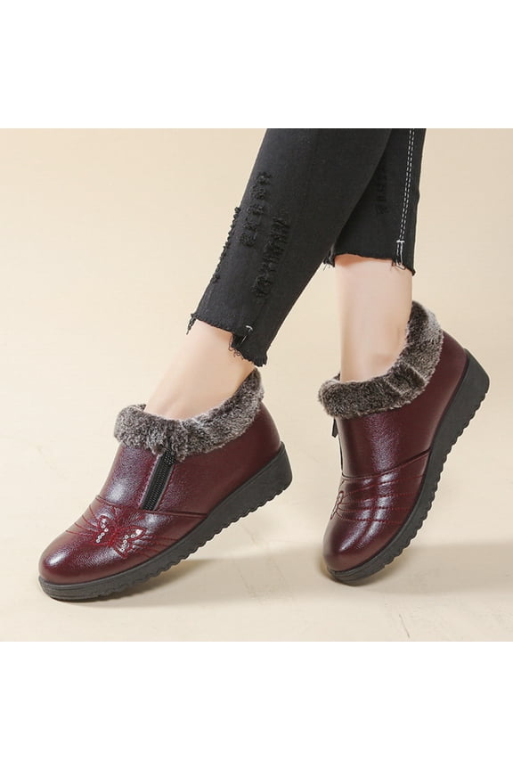 Waterproof Snow Boots for Women Platform Plush Lining Booties Side Zipper Non Slip Outdoor Work Shoes comfortable - suitable for autumn and winter Red 7(EU-38)