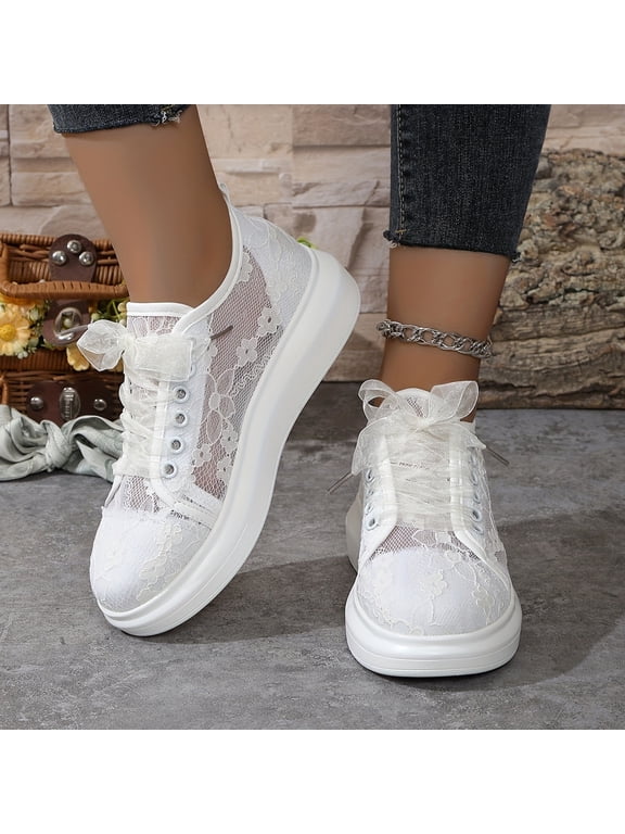 Wedding Shoes Lace Bridal Sneakers Platform Bride Tennis Shoes Sparkling Rhinestone Sneakers White 8.5(EU-41)
