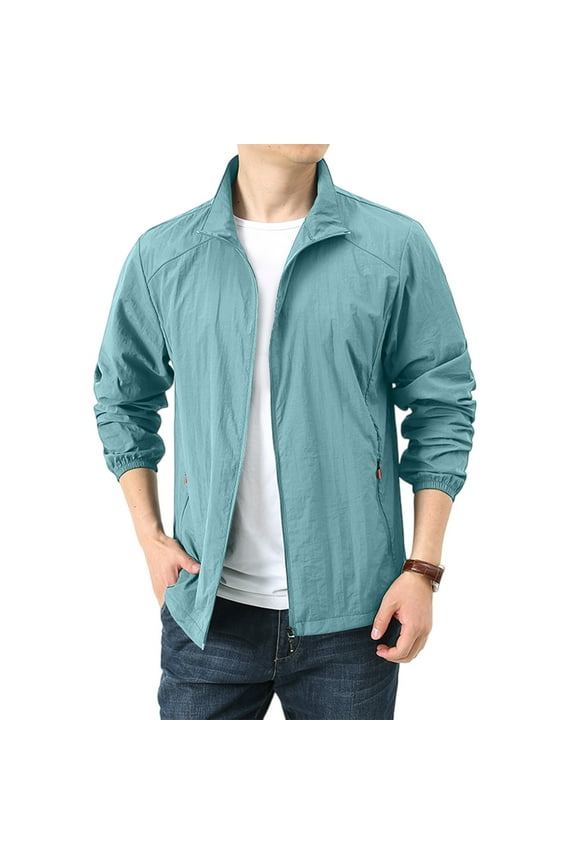 Wind Breaker Jackets Mens Lightweight Packable Stand Up Collar Workout Jacket Water-Resistant Dustproof Windproof Full Zip Sweatshirt Travel Coat with Pocket Light Blue XL