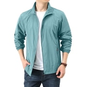 Domuza Wind Breaker Jackets Mens Lightweight Packable Stand Up Collar Workout Jacket Water-Resistant Dustproof Windproof Full Zip Sweatshirt Travel Coat with Pocket Light Blue XL