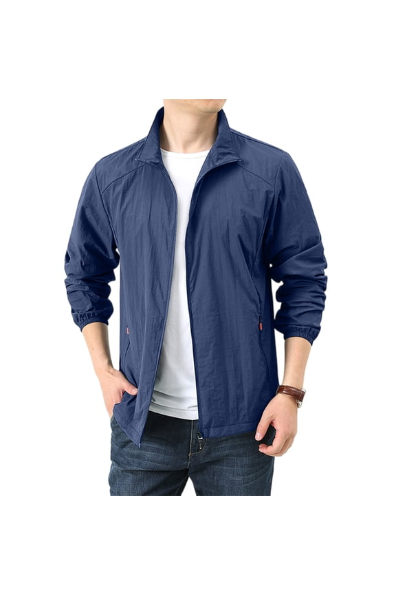 Windbreaker Men Lightweight Packable Full Zip Hiking Jacket Windproof Dustproof Waterproof Stand Up Collar Sweatshirt Outdoor Coat with Pocket Dark Blue L
