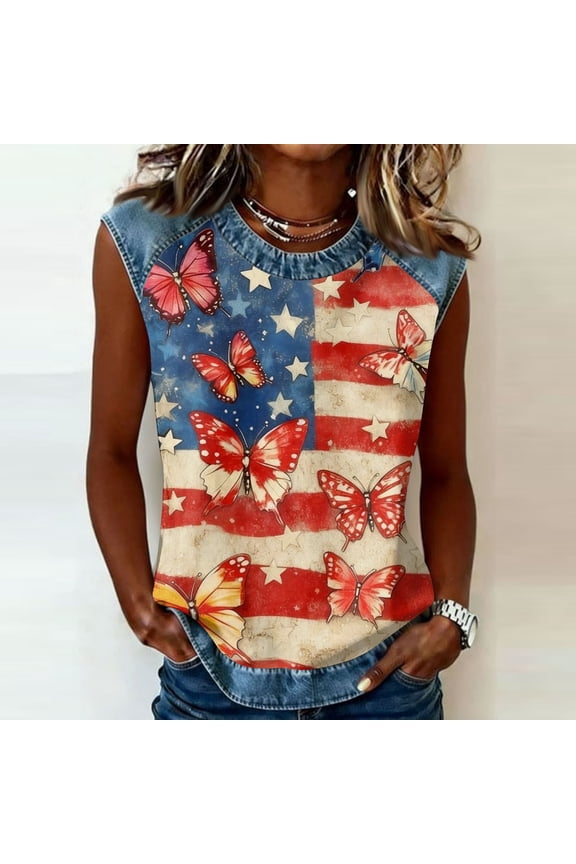 Womans 250 Anniversary Shirt American Flag Graphics Sleeveless Tops Casual Grew-Neck T Shirts 2026 New Comfort Clothing Watermelon Red S