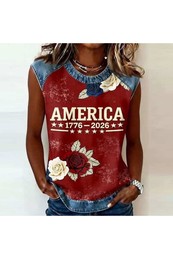 Womans 250 Anniversary Shirt Usa Flag Graphics Sleeveless Blouses Casual Loose Grew Neck T Shirts 2026 New Comfortable Clothes Wine S