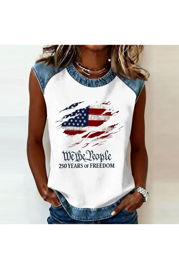 Womans 250 Anniversary Shirt Usa Flag Graphics Sleeveless Tops Casual Loose Grew Neck T-Shirts Summer 2026 Lightweight Clothing White 3XL