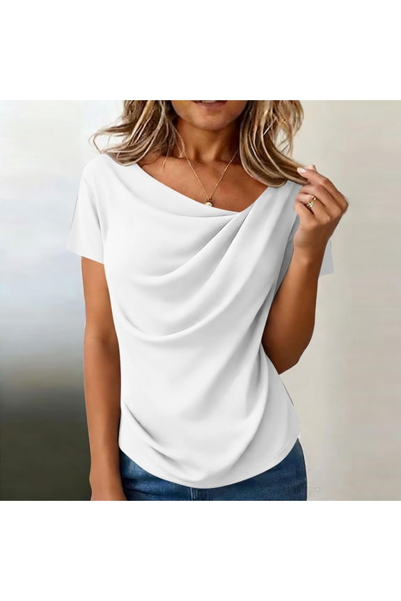 Women Asymmetrical Shirts Casual Ruched Cowl-Neck Short Sleeve Top 2026 Summer Trendy Relaxed Fit Comfort Y2k Tshirts White XXL